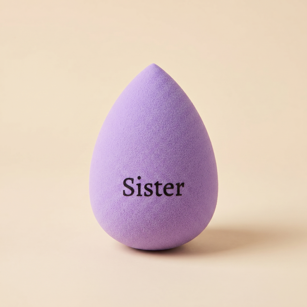 Fialový beauty blender kapkovitého tvaru s gravírovaným nápisem Sister