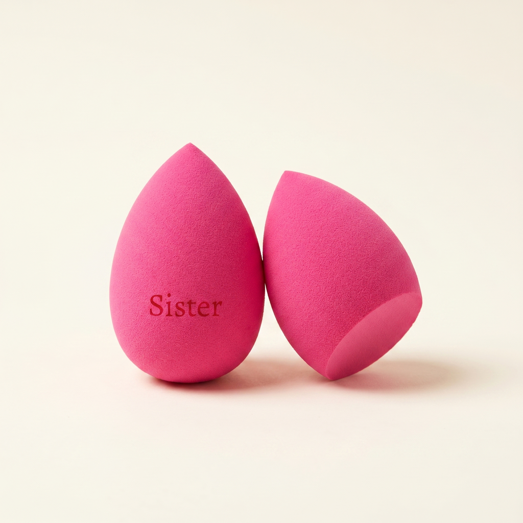 Růžový beauty blender se zkosením dole s gravírovaným nápisem Sister