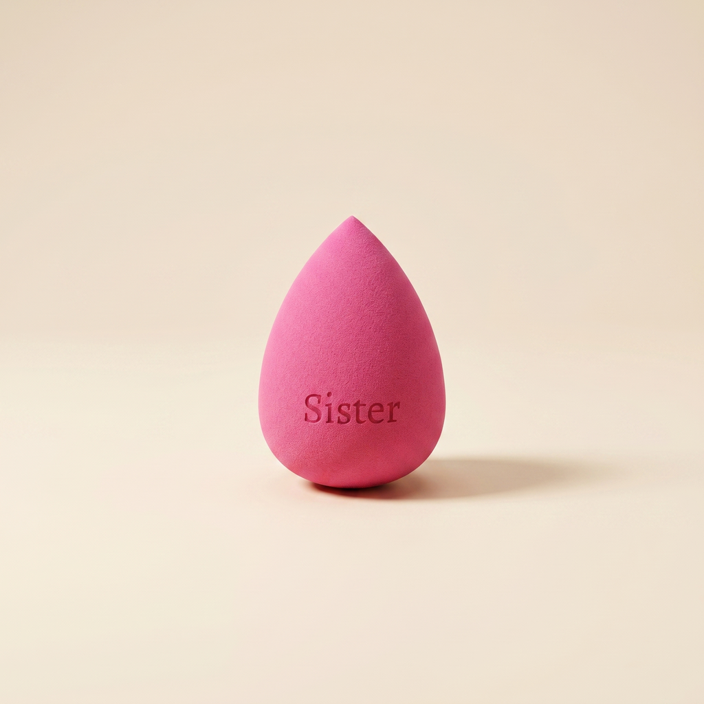 Růžový beauty blender kapkovitého tvaru s gravírovaným nápisem Sister