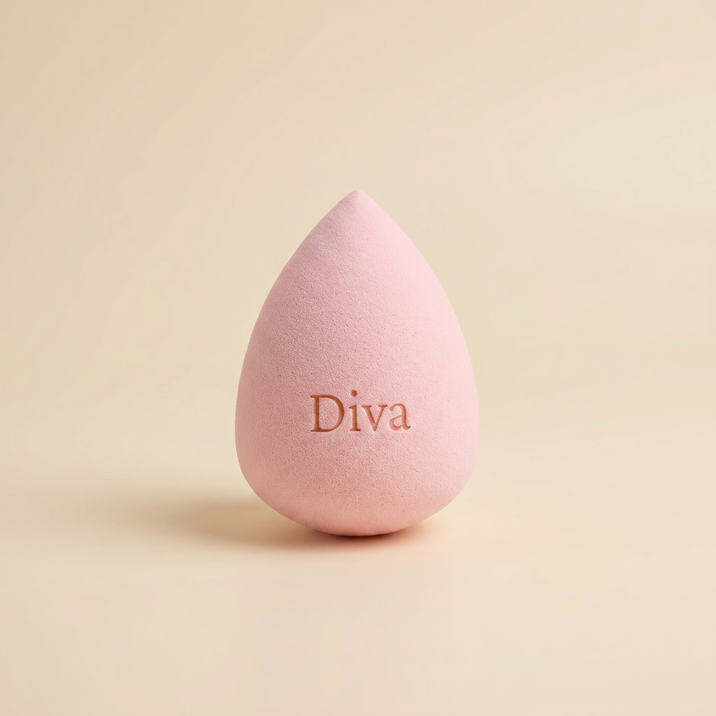 Světle růžový beauty blender kapkovitého tvaru s gravírovaným nápisem Diva