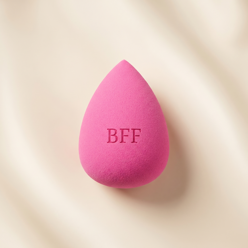 Růžový beauty blender kapkovitého tvaru s gravírovaným nápisem BFF
