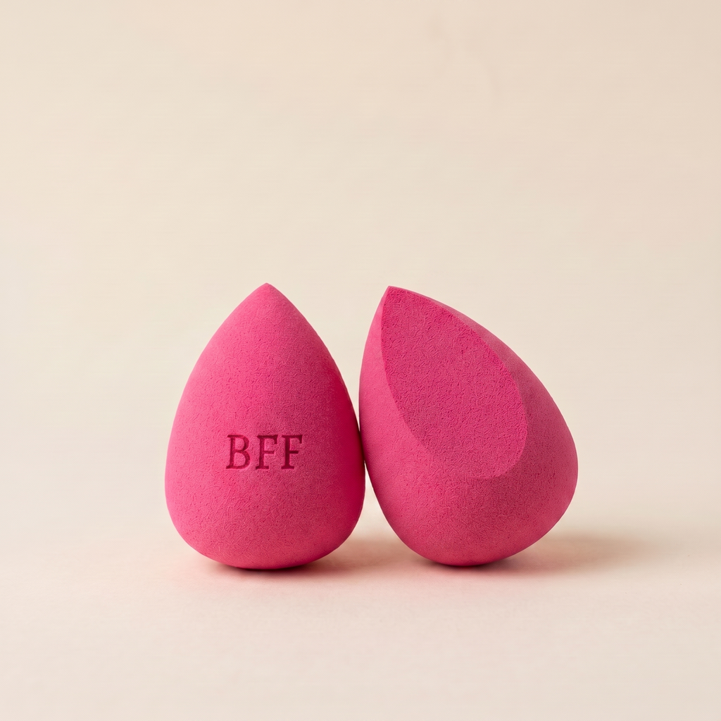 Růžový beauty blender se zkosením nahoře s gravírovaným nápisem BFF
