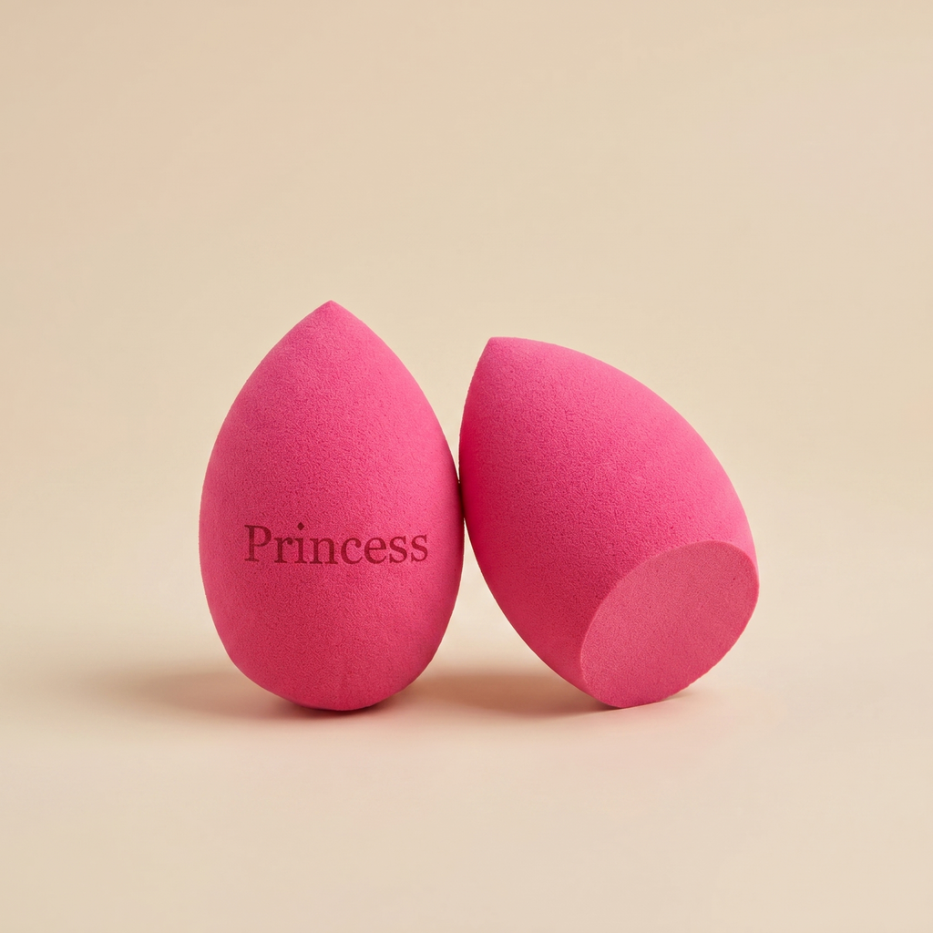 Růžový beauty blender se zkosením dole s gravírovaným nápisem Princess