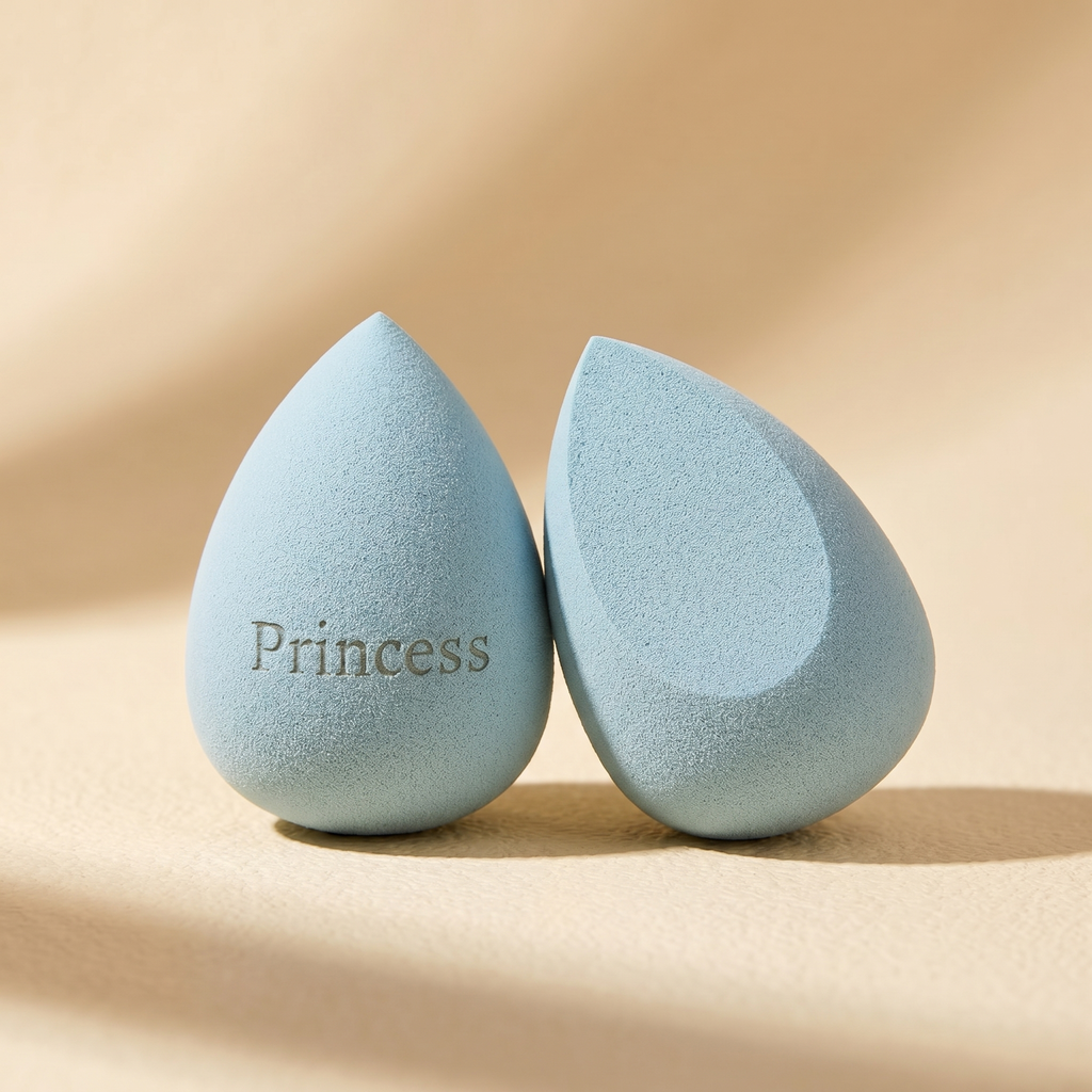 Tyrkysový beauty blender se zkosením nahoře s gravírovaným nápisem Princess