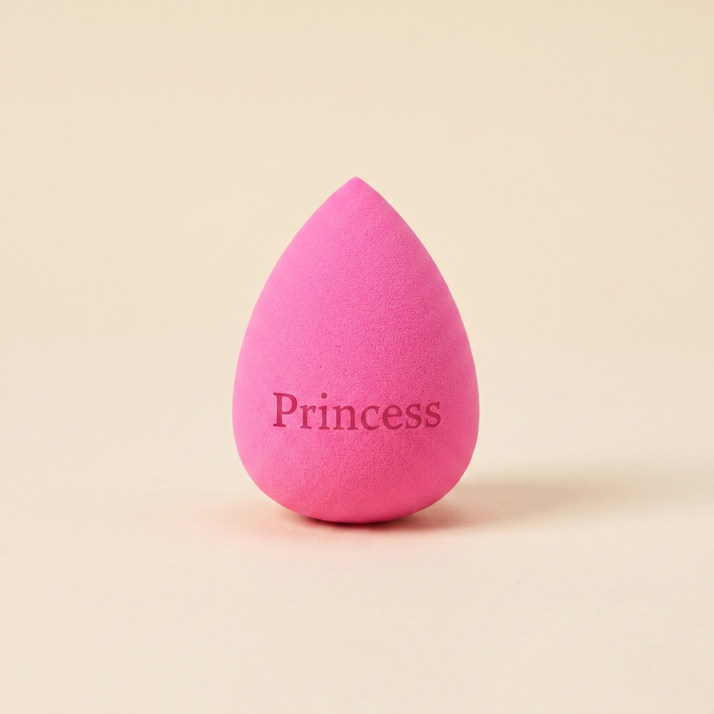 Růžový beauty blender kapkovitého tvaru s gravírovaným nápisem Princess