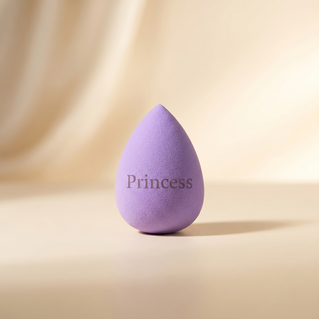Fialový beauty blender kapkovitého tvaru s gravírovaným nápisem Princess