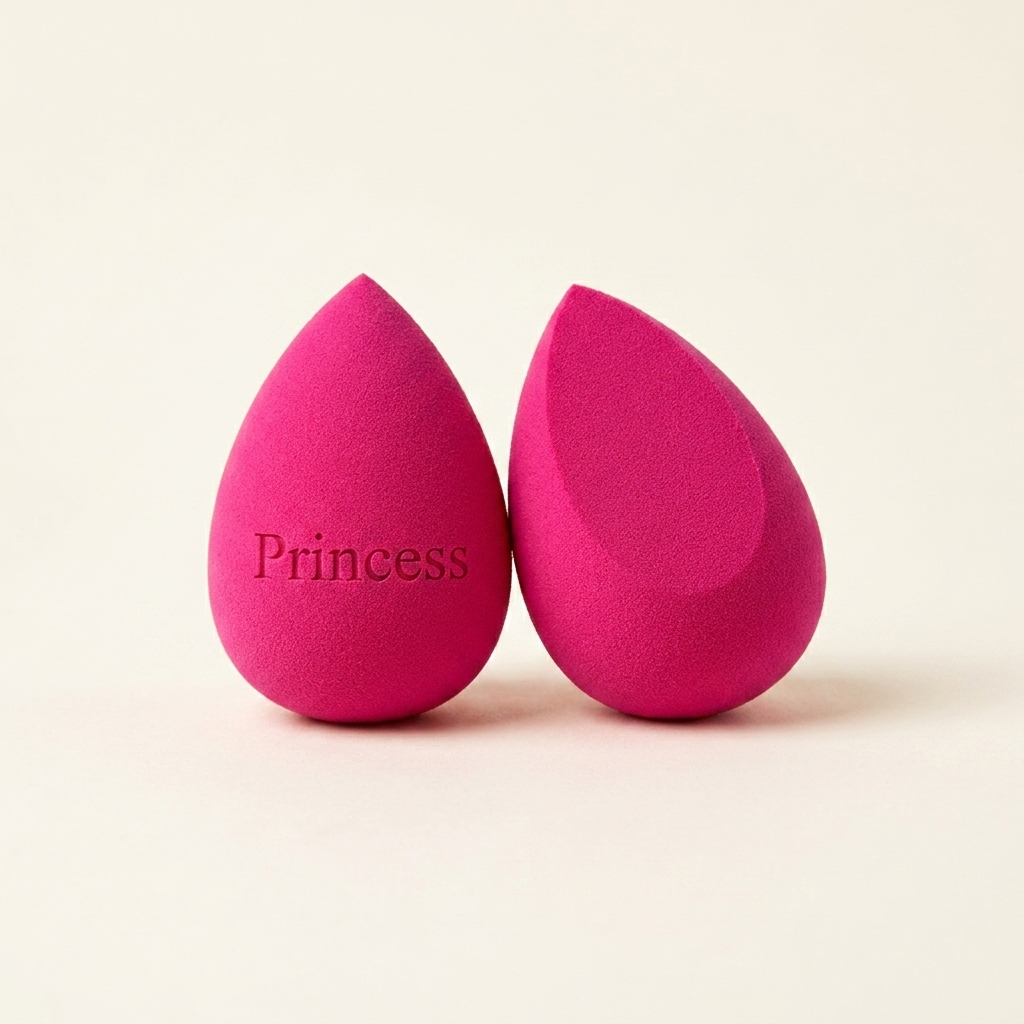 Růžový beauty blender se zkosením nahoře s gravírovaným nápisem Princess