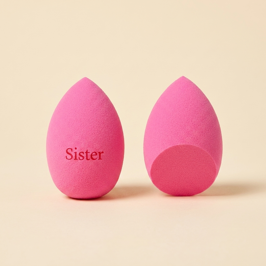 Světle růžový beauty blender se zkosením dole s gravírovaným nápisem Sister